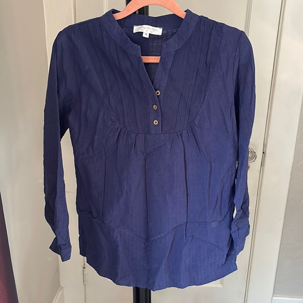 Navy Blue Peasant Button Blouse Top